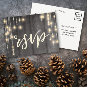Rustic Black Wood String Lights Invitation Postcard