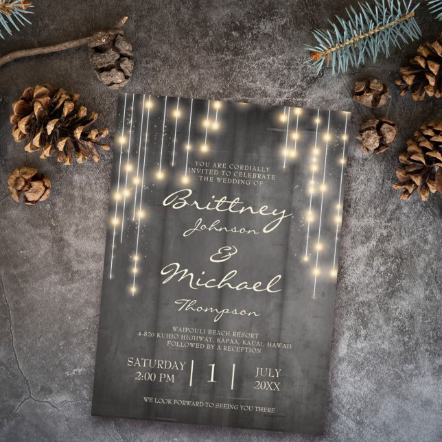 Rustic Black Wood String Lights | Wedding Invitation (Creator Uploaded)