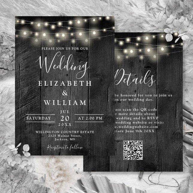 Rustic Black Wood Wedding String Lights QR Code Invitation (Rustic Black Wood Wedding String Lights QR Code Invitation)