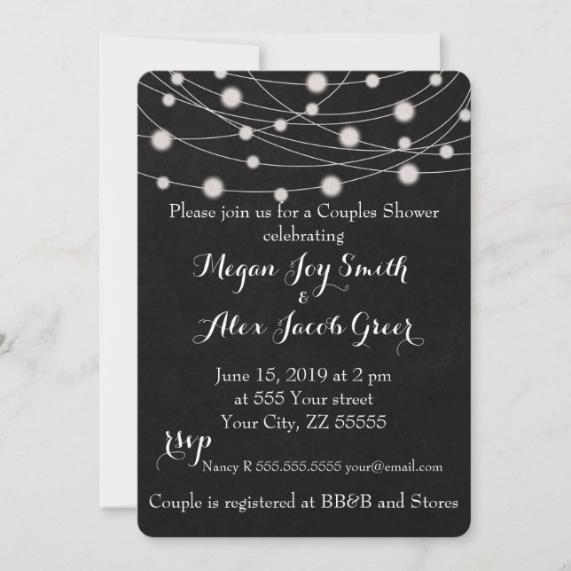 Rustic Blackboard and String Lights Couples Shower Invitation (Front)