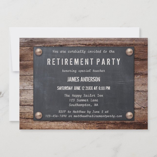 Rustic Blackboard on Wood Retirement Invitation (Front)