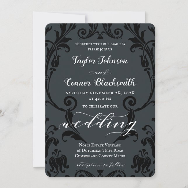 Rustic Blacksmith Calligraphy Black Damask Wedding Invitation (Front)