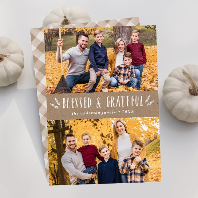 Rustic Blessed and Grateful 2 Photo Thanksgiving Holiday Card (Creator Uploaded)