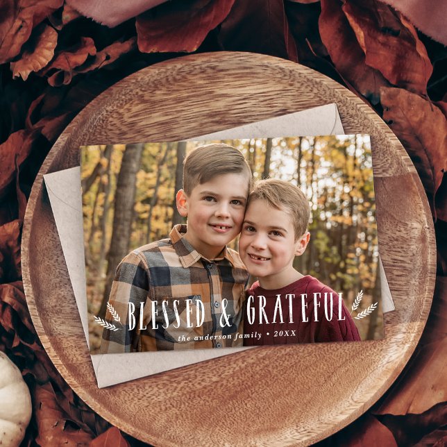 Rustic Blessed and Grateful Thanksgiving 2 Photo Holiday Card (Creator Uploaded)