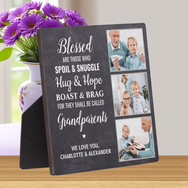 Rustic Blessed Grandparents Personalized 3 Photo Plaque (Creator Uploaded)