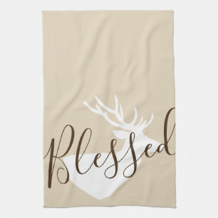Rustic Blessed Script White Deer Silhouette Tea Towel