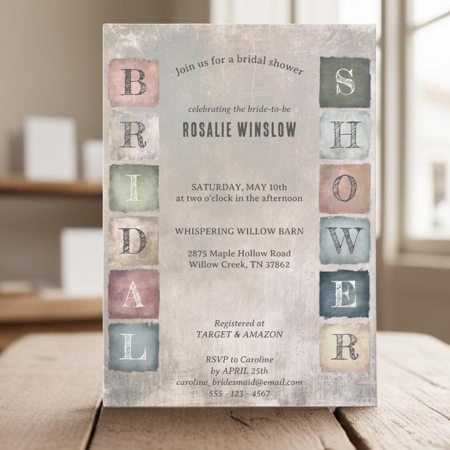 rustic block letters earthy colour bridal shower invitation (Creator Uploaded)