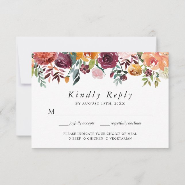 Rustic Bloom Burgundy Blush Orange Floral RSVP (Front)