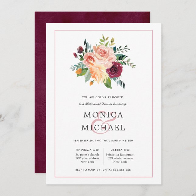 Rustic Bloom | Burgundy Flowers  Rehearsal Dinner Invitation (Front/Back)