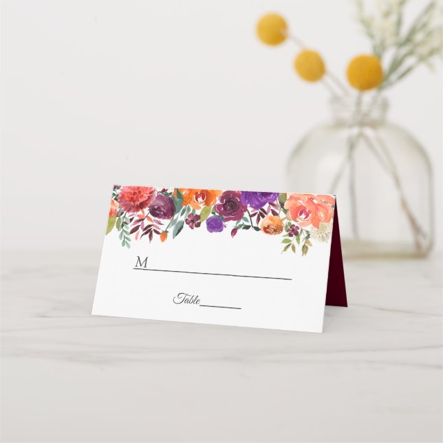 Rustic Bloom Burgundy Red Floral Wedding Table Place Card (Front)