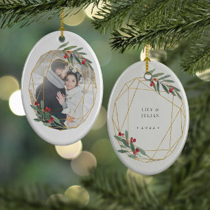 Rustic Bloom First Christmas Photo Ceramic Tree Decoration