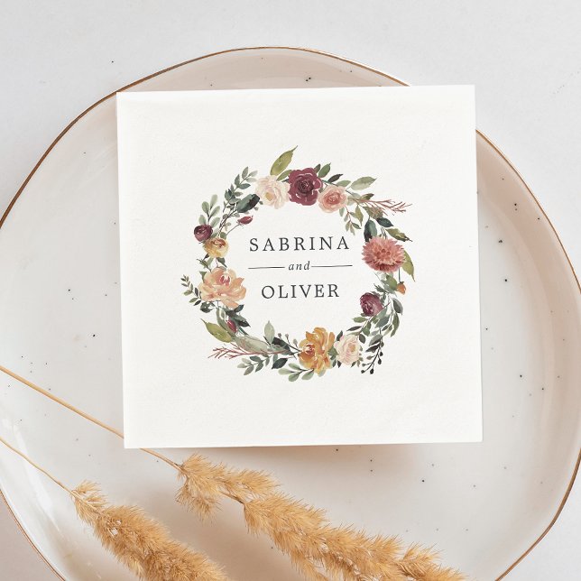 Rustic Bloom | Floral Wreath Personalised Wedding Napkin (Creator Uploaded)