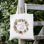 Rustic Bloom | Grandma of the Bride Tote Bag<br><div class="desc">Bridal party tote features a watercolor floral wreath of roses,  peonies and mums in rich autumn hues,  with "grandma of the bride" inscribed inside in hand lettered script. Designed to match our Rustic Bloom collection.</div>