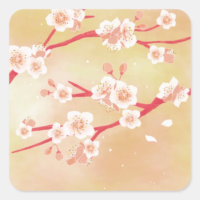 Rustic Blooming Peachy Cherry Blossom Flowers Square Sticker (Front)