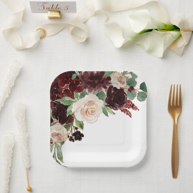 Rustic Blooms | Terracotta and Marsala Red Bouquet Paper Plate (Wedding)