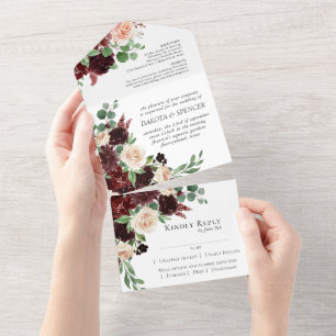 Rustic Blooms   Terracotta and Marsala Red Entree All In One Invitation