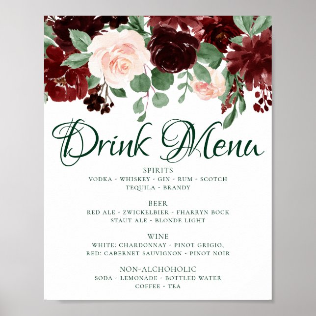 Rustic Blooms | Terracotta Marsala Red Drink Menu Poster (Front)