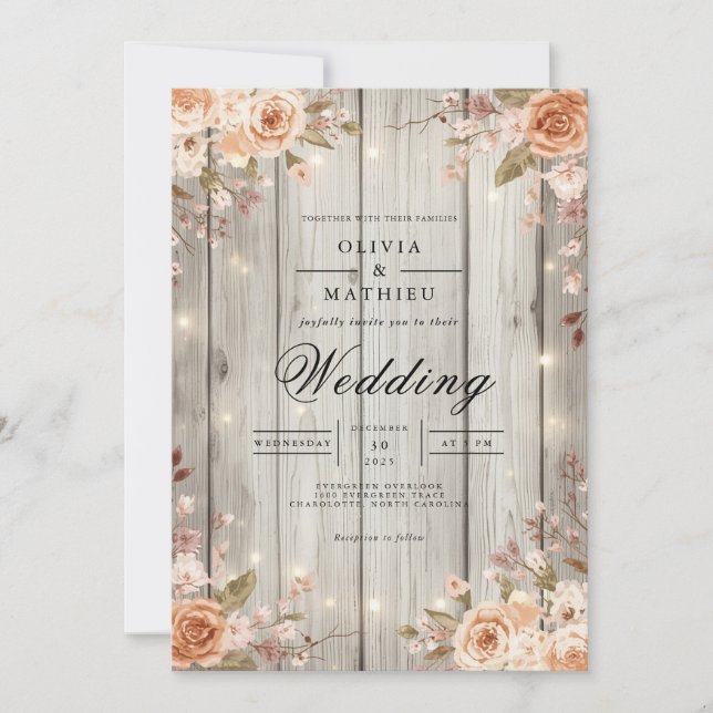 Rustic Blossom String Lights Wedding Invitation (Front)