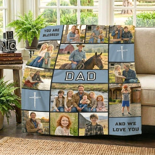 Rustic Blue 12 Photo Custom Dad Name Faith Legacy Fleece Blanket