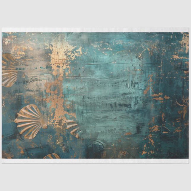 Rustic Blue Abstract Ocean & Shells  Tissue Paper (Front)