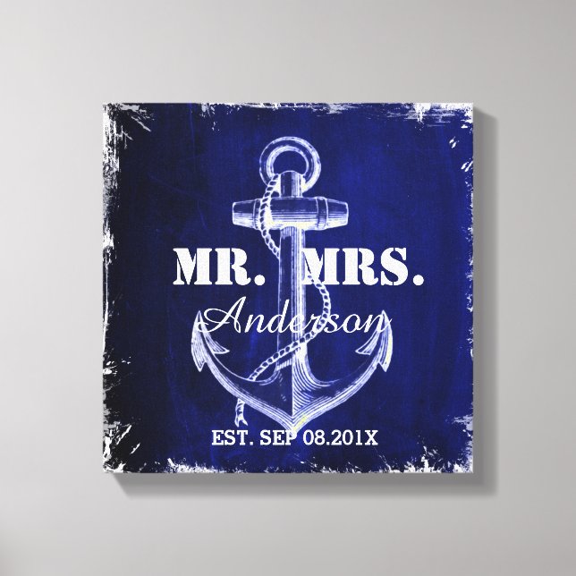 rustic Blue anchor nautical wedding mr and mrs Canvas Print (Front)