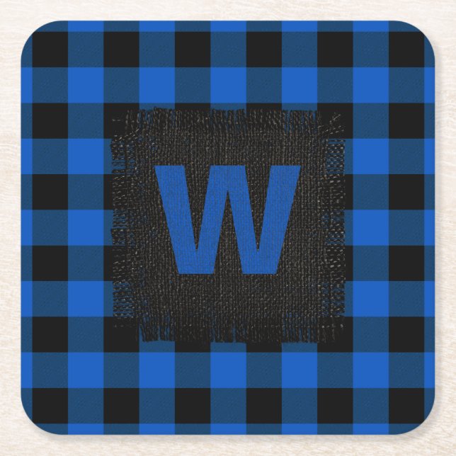 Rustic Blue and Black Buffalo Plaid Monogram Square Paper Coaster (Front)