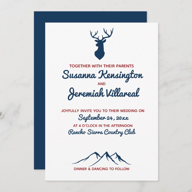 Rustic Blue and Red Deer Country Mountain Wedding Invitation (Front/Back)