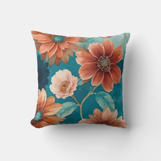 Rustic Blue and Rust Boho floral Cushion (Front)