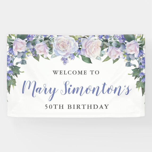 Rustic Blue and White Floral 50th Birthday Banner (Horizontal)