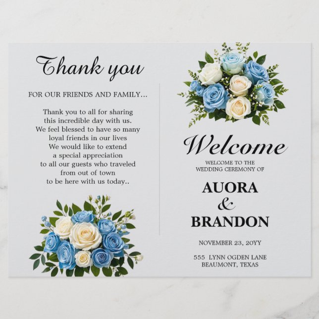 Rustic Blue and White Floral Wedding Program (Front)