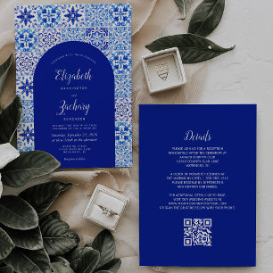 Rustic Blue Arch Portuguese Tile QR Code Wedding Invitation