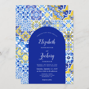 Rustic Blue Arch Yellow Portuguese Tile Wedding Invitation