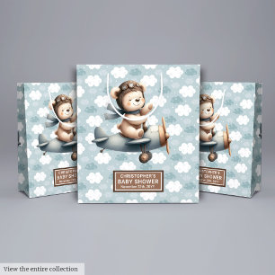 Rustic Blue Baby Shower Gift Bag With Bear Pilot