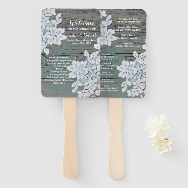 Rustic blue barn wood and lace wedding programs hand fan (Front and Back)