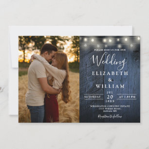 Rustic Blue Barn Wood String Lights Wedding Photo Invitation
