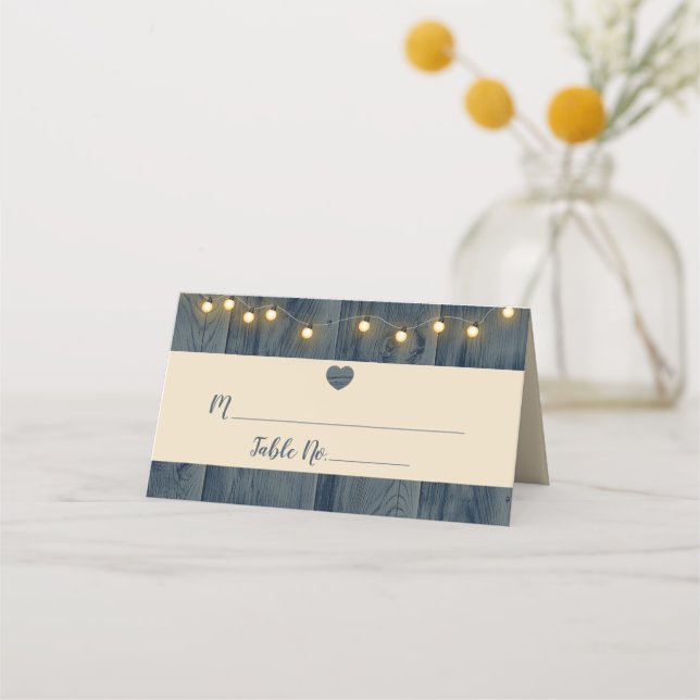 Rustic Blue Barn Wood String Lights Wedding Place  Card (Front)