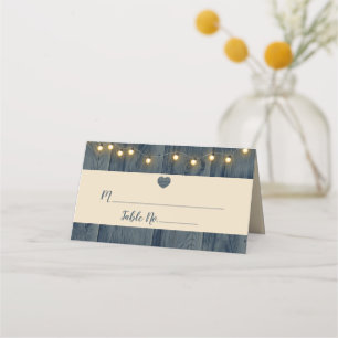 Rustic Blue Barn Wood String Lights Wedding Place Card