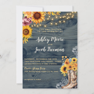 Rustic Blue Barn Wood Sunflower Wedding Invitation