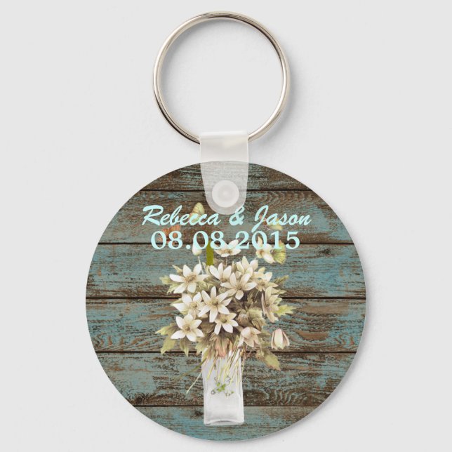 rustic blue barn wood wildflower country wedding key ring (Front)
