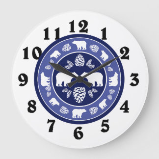 Rustic blue bear pinecone round clock