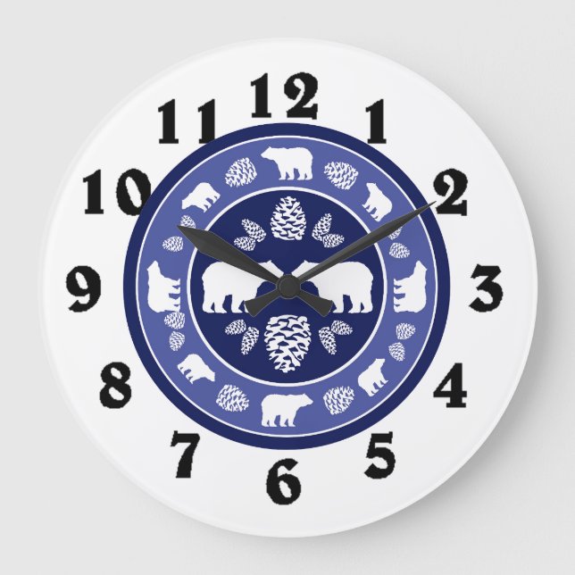 Rustic blue bear pinecone round clock (Front)