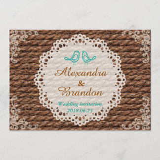 Rustic Blue Bird and Round Lace on Rope Invitation