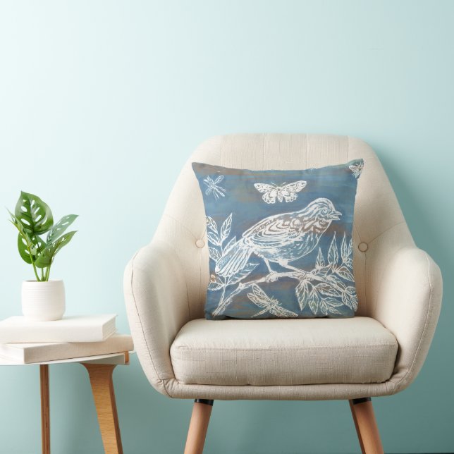 Rustic Blue Bird Insects Nature Woodland Vintage Cushion (Chair)