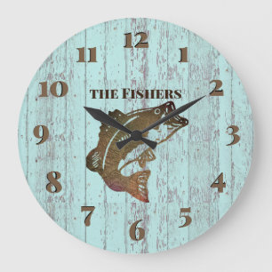 Rustic Blue Board Fishing Cabin Large Clock