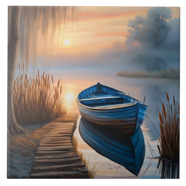 Rustic Blue Boat at Sunrise Tile (Front)