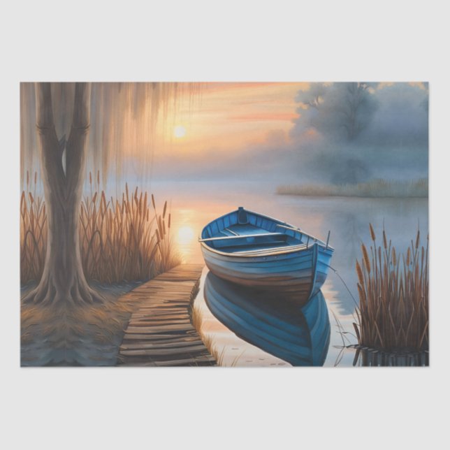 Rustic blue boat Morning Sky Reflection Tissue Paper (Front)