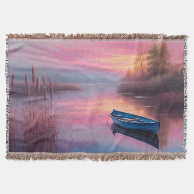 Rustic blue boat pink skies reflection throw blanket (Front)