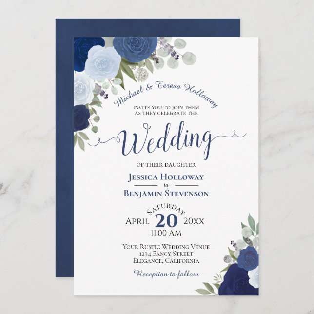 Rustic Blue Boho Watercolor Roses Formal Wedding Invitation (Front/Back)