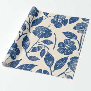 Rustic Blue Botanical Bold Retro Vintage Floral Wrapping Paper