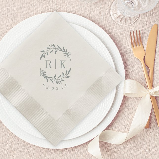 Rustic Blue Botanical Wreath Wedding Monogram Napkin (Creator Uploaded)